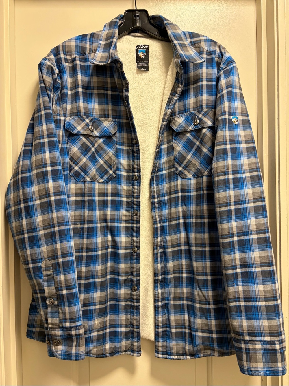 Kuhl Sherpa Lined Flannel Shirt Jacket Shacket Mens L Blue Outdoor Hiking Plaid